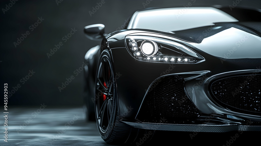 Luxury expensive car parked on dark background. modern luxury design gray car. Clean lines and detailed front view of modern automotive advertising banner illustration Luxury expensive car parked on dark background. modern luxury design gray car. Clean lines and detailed front view of modern automotive advertising banner illustration