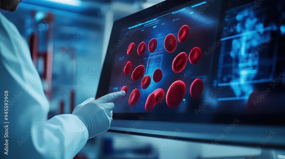 Medical professional analyzing blood samples on a high-tech monitor in a laboratory setting. Medical professional analyzing blood samples on a high-tech monitor in a laboratory setting.