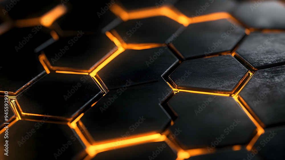 Luxury hexagonal abstract black metal background with golden light lines. Dark 3d geometric texture illustration. Luxury hexagonal abstract black metal background with golden light lines. Dark 3d geometric texture illustration.