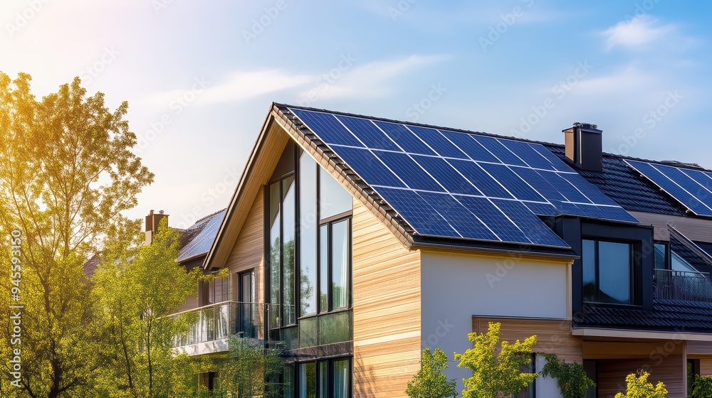 Modern home featuring solar panels under a clear sky, showcasing sustainable energy and contemporary architecture. Modern home featuring solar panels under a clear sky, showcasing sustainable energy and contemporary architecture.