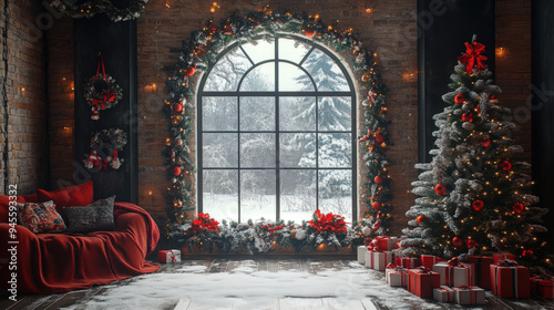 Cozy Christmas living room with a decorated tree, gifts, and a large window overlooking a snowy winter landscape. photo