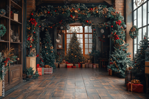 Cozy Christmas living room with festive decorations, tree, and gifts.