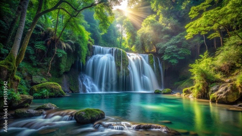 Serene waterfall hidden deep in the lush forest , nature, beauty, landscape, tranquil, waterfall, forest, trees, rivers