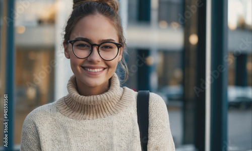 A young woman wearing glasses and a white sweater smiles while standing in front of a large window