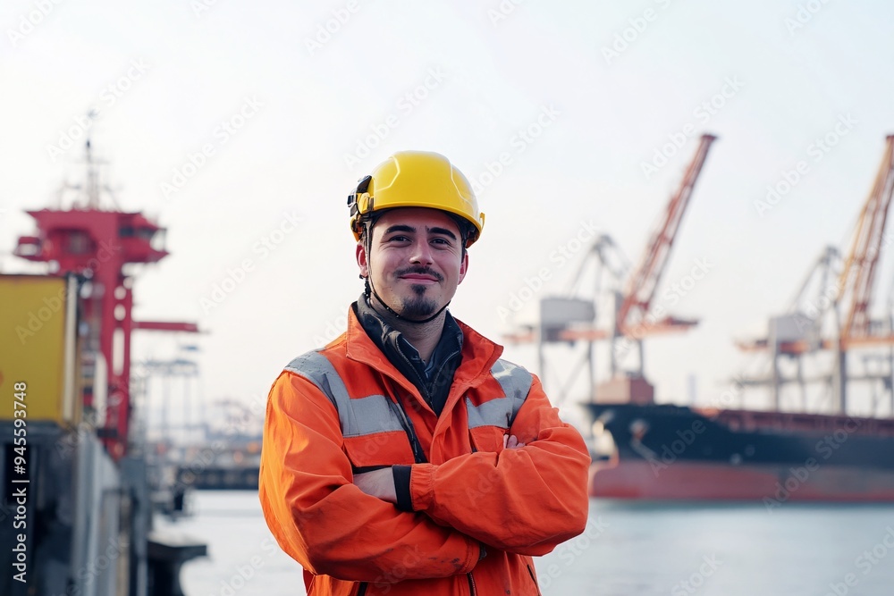 Male Engineer Overlooking Harbor Operations Male Engineer Overlooking Harbor Operations