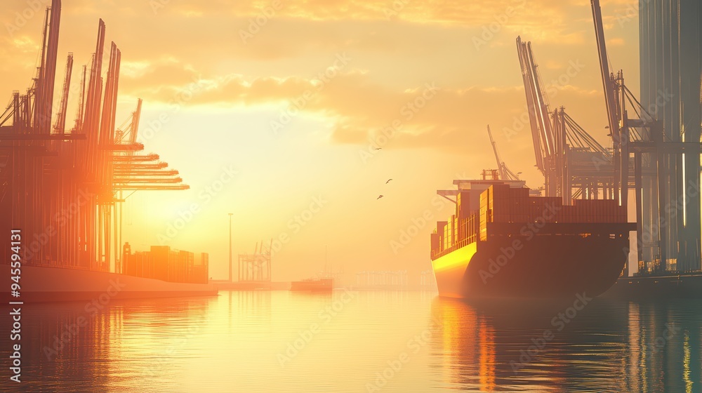 Scenic sunset view at a busy port, featuring cargo ships and cranes reflecting on the calm waters. Scenic sunset view at a busy port, featuring cargo ships and cranes reflecting on the calm waters.