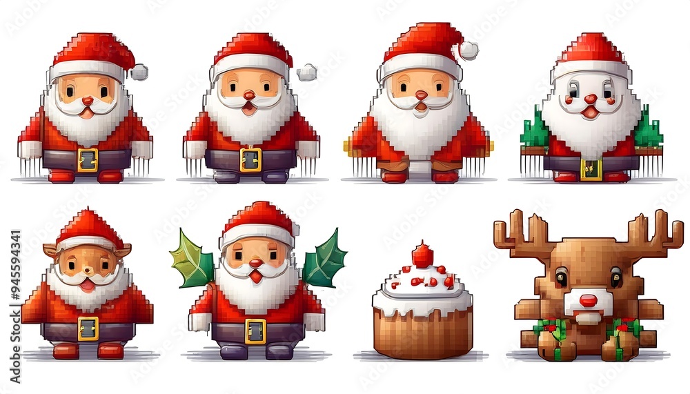 Pixelated Christmas Character Assets- Develop a pixel art set for Christmas games with assets including santa, Christmas reindeer. Game design assets. Graphic art 8 bit illustration Pixelated Christmas Character Assets- Develop a pixel art set for Christmas games with assets including santa, Christmas reindeer. Game design assets. Graphic art 8 bit illustration