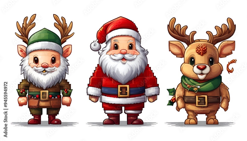 Pixelated Christmas Character Assets- Develop a pixel art set for Christmas games with assets including santa, Christmas reindeer. Game design assets. Graphic art 8 bit illustration isolated icons Pixelated Christmas Character Assets- Develop a pixel art set for Christmas games with assets including santa, Christmas reindeer. Game design assets. Graphic art 8 bit illustration isolated icons