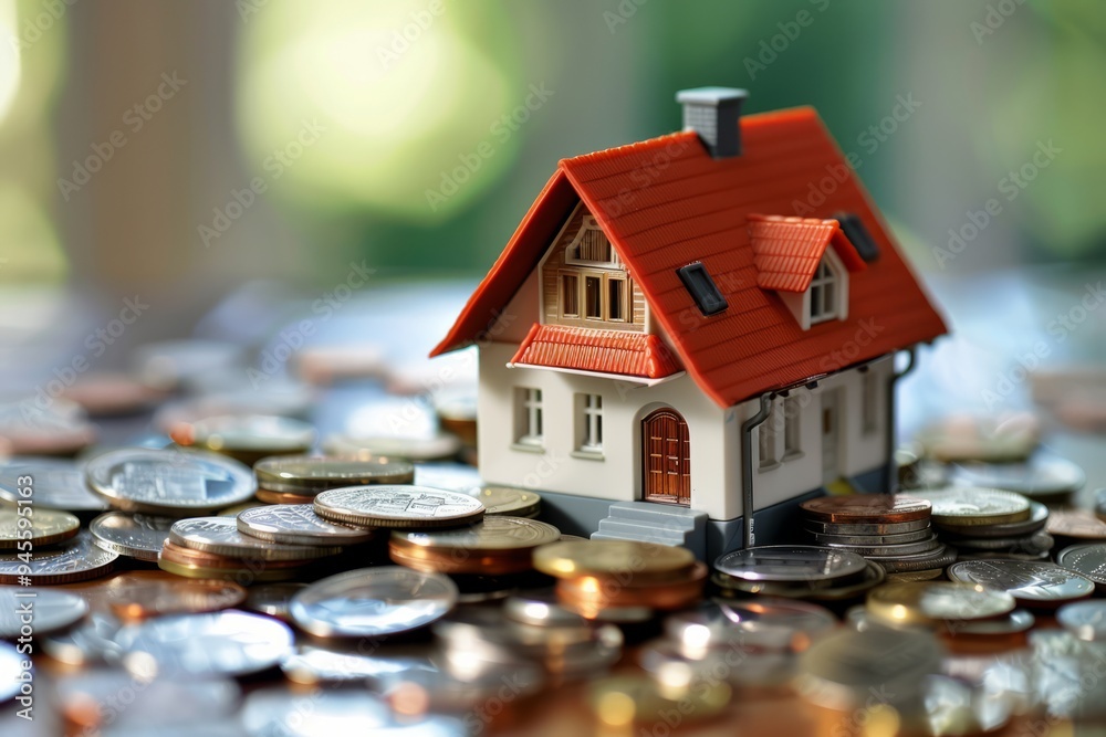 Miniature house on a stack of coins with warm bokeh lights, representing real estate investment, financial planning, and wealth building Miniature house on a stack of coins with warm bokeh lights, representing real estate investment, financial planning, and wealth building