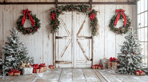 Festive Christmas rustic barn decor with wreaths, snowy trees, and wrapped gifts creating a warm holiday atmosphere.