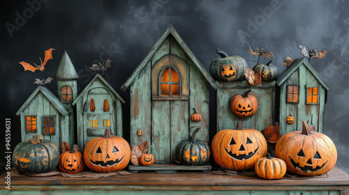 Halloween decorations with carved pumpkins and haunted houses against a dark, spooky background. Perfect for festive and gothic themes. photo