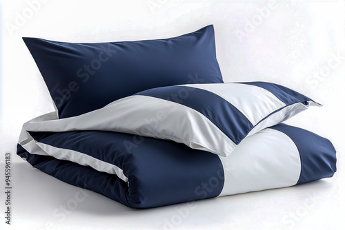 Navy blue and white striped duvet cover set with flat sheets, folded in a front view.