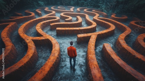 A man stands in front of a maze of orange hedges photo