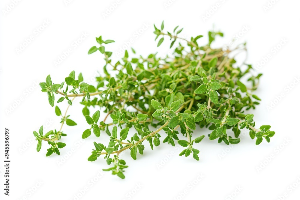 A bunch of fresh thyme leaves, commonly used in cooking for flavoring dishes. A bunch of fresh thyme leaves, commonly used in cooking for flavoring dishes.