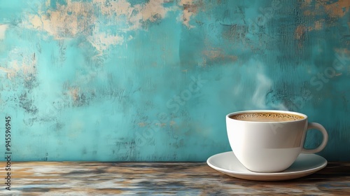 A white coffee cup sits on a white plate on a wooden table