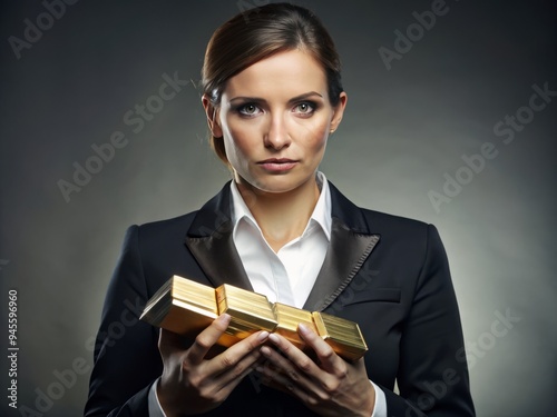 A well-dressed businesswoman clutching a gold ingot and stacks of cash, with an insatiable hunger and sinister gaze, embodies the epitome of self-serving avarice. photo