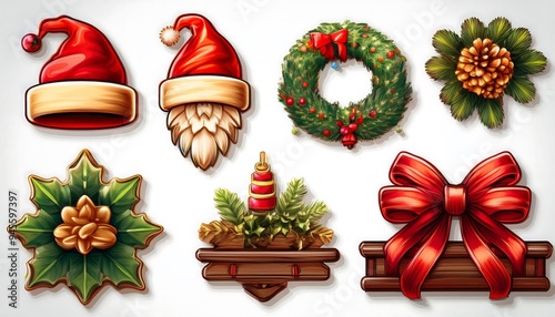 Pixelated Holiday Decorations Collection - set of pixel art assets featuring Christmas-themed elements - santa hat christmas wreath, gift box, sleigh. Game design assets. Graphic art 8 bit