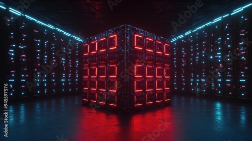 A high-tech cube illuminated with red and blue neon lights in a dark, futuristic setting, symbolizing advanced digital technology and innovation.
