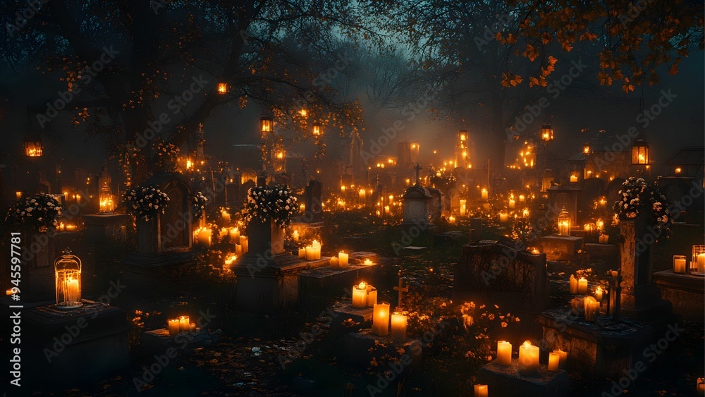 Cemetery Illuminated by Candlelight at Nightfall Cemetery Illuminated by Candlelight at Nightfall