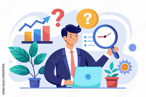Problem analysis, analyze information to find solution or answer, solving problem or trouble, challenge to think overcome difficulty concept, businessman analyze question mark with magnifying glass.
