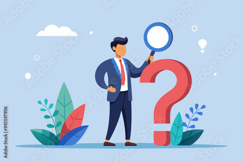 Problem analysis, analyze information to find solution or answer, solving problem or trouble, challenge to think overcome difficulty concept, businessman analyze question mark with magnifying glass.

