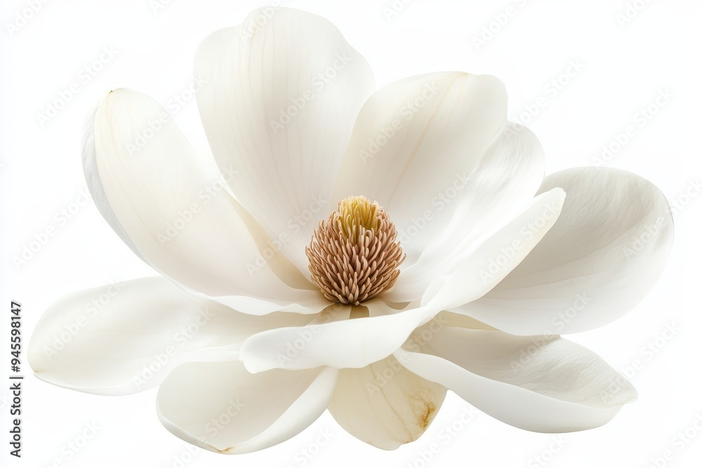 A close-up of a beautiful white magnolia flower with delicate petals and a central stamen. A close-up of a beautiful white magnolia flower with delicate petals and a central stamen.