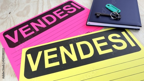 Cartello vendesi appartamento scritto in italiano, con agenda appuntamenti e chiave, sulla scrivania spazio vuoto.