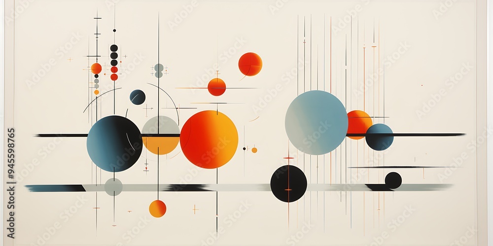 A poster with bold geometric shapes and lines in blue, red, yellow, and orange colors,The background is white to highlight these forms. A poster with bold geometric shapes and lines in blue, red, yellow, and orange colors,The background is white to highlight these forms.