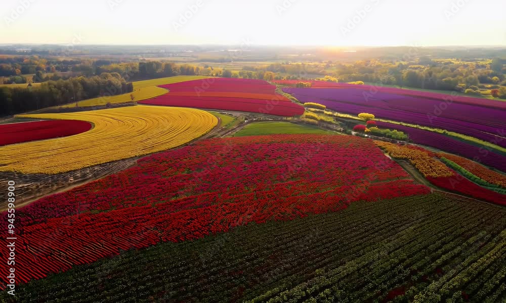 Aerial view of vibrant tulip fields in various colors during sunset.