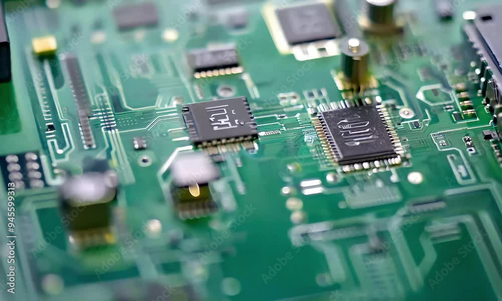 Close-up of a green circuit board showcasing electronic components and connections. Close-up of a green circuit board showcasing electronic components and connections.