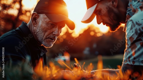 Photo-realistic golf training session, coach advising a golfer on technique, intricate details, realistic surroundings, vibrant colors