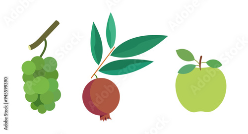 Set of grape, pomegranate and apple fruits with leaves logo vector illustration