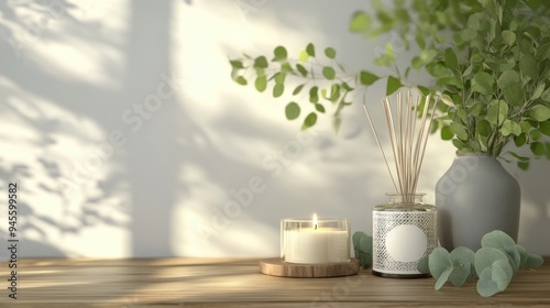 3D rendering of eucalyptus branches aromatic reed air freshener and candles arranged on a wooden table as a living room interior element photo