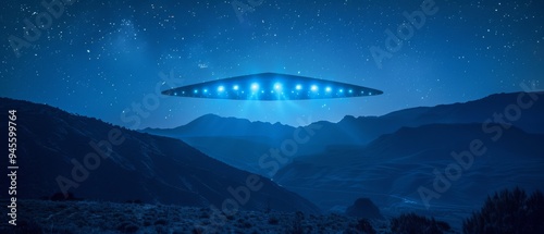 A large triangular UFO with glowing blue lights hovers silently above a mountainous landscape, set against a clear, starry night sky. The scene is mysterious and surreal