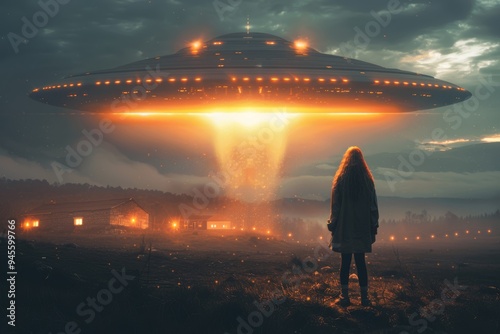 A massive UFO hovers over a rural field, casting a bright orange beam of light. A lone figure stands facing the spacecraft, creating a mysterious and surreal scene under a cloudy sky