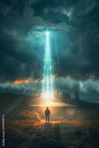 A UFO emits a bright blue beam of light over a rural house, casting an otherworldly glow. A lone figure stands in the light, creating a mysterious and eerie atmosphere under dark, stormy clouds