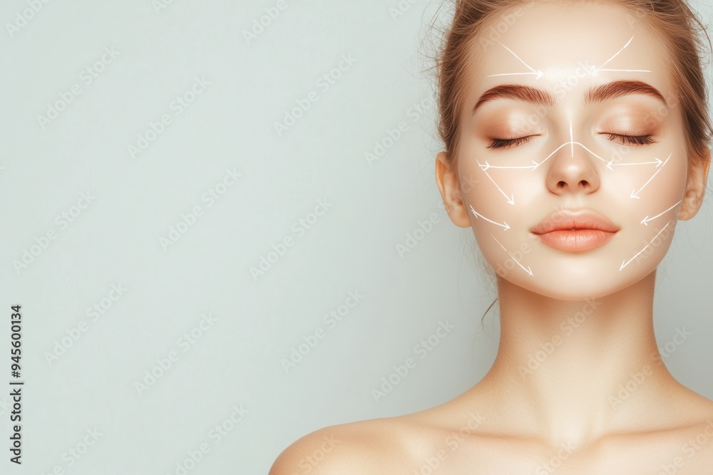 Close-up portrait of young, beautiful and healthy woman with arrows on her face. The spa, surgery, face lifting and skin care concept Close-up portrait of young, beautiful and healthy woman with arrows on her face. The spa, surgery, face lifting and skin care concept