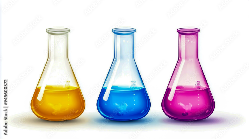 Three glass beakers with colorful liquids, clip art style, simple design. Three glass beakers with colorful liquids, clip art style, simple design.