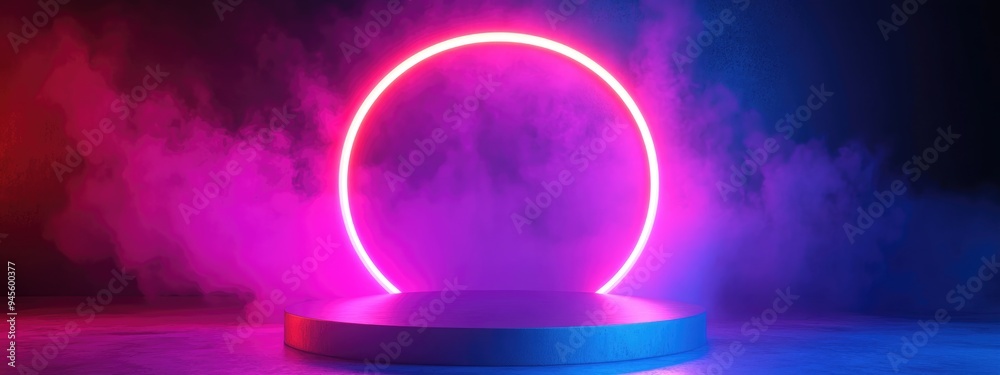 3D rendering of a product podium mockup for presentation with a vibrant neon light background 3D rendering of a product podium mockup for presentation with a vibrant neon light background