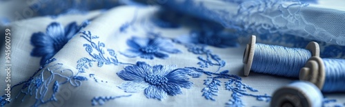 3D rendering of a napkin featuring cornflower embroidery and spools of thread showcasing the art of embroidery and lace making