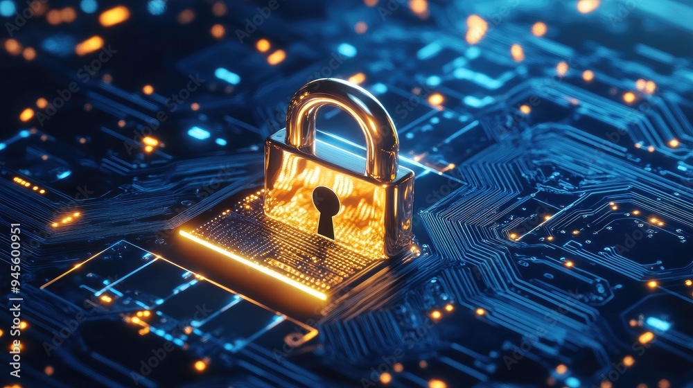 Cybersecurity concept with a digital padlock over a circuit board, representing data protection Cybersecurity concept with a digital padlock over a circuit board, representing data protection