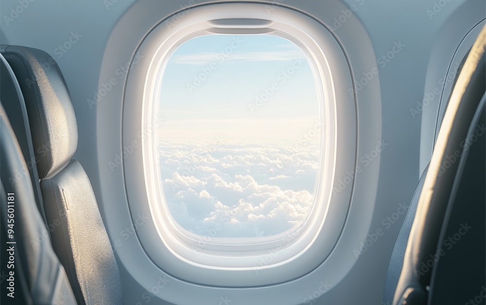 3D rendering of a travel background featuring an airplane window seat 3D rendering of a travel background featuring an airplane window seat