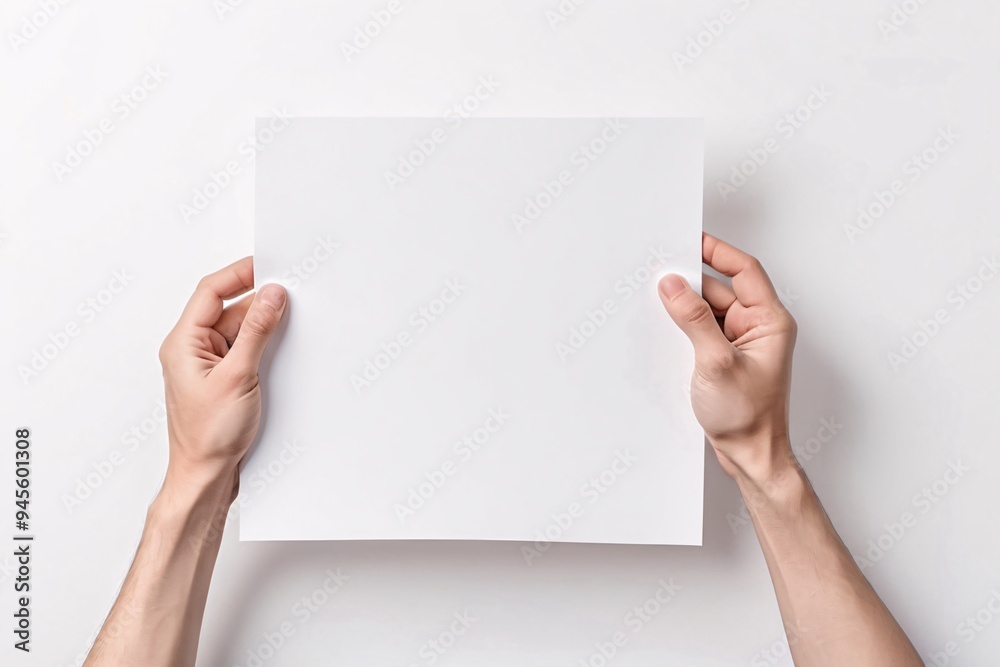 Hands holding blank white paper on white background. Hands holding blank white paper on white background.