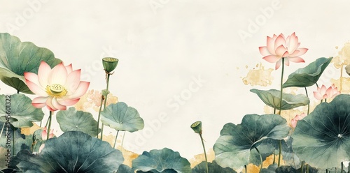 Fototapeta Naklejka Na Ścianę i Meble -  Serene depiction of pink lotus flowers in full bloom, symbolizing purity and tranquility.
