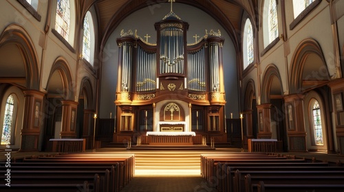 3D rendering of an organ within a Roman Catholic church interior