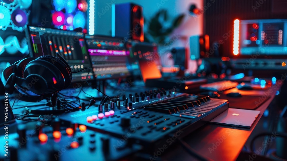 Photo-realistic music production team collaborating in a modern studio, creative atmosphere, high-resolution details, lifelike graphics Photo-realistic music production team collaborating in a modern studio, creative atmosphere, high-resolution details, lifelike graphics