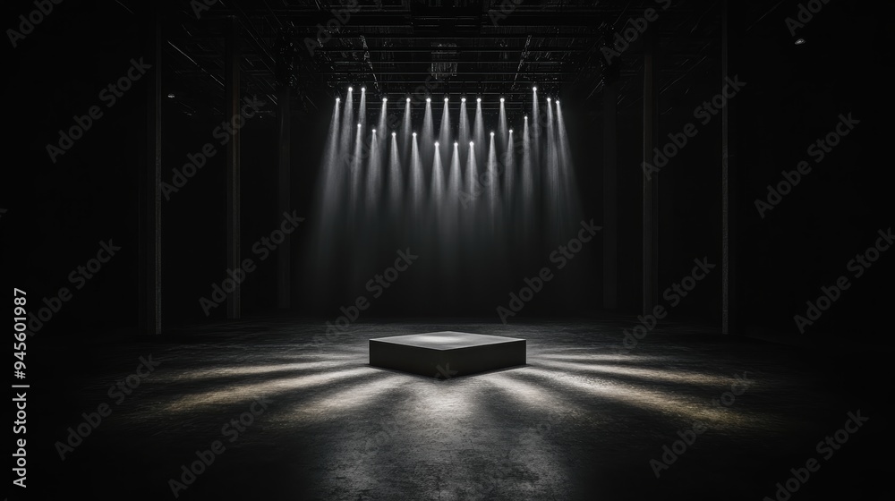 Fototapeta premium A dark, empty stage featuring a central pedestal illuminated by multiple spotlights, creating a dramatic and focused atmosphere.