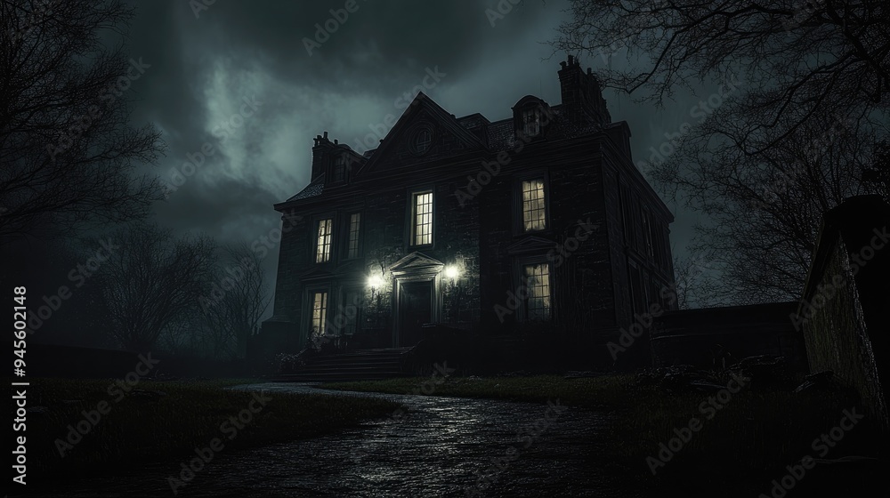 3D rendering of a horror themed building illuminated by light in a dark setting