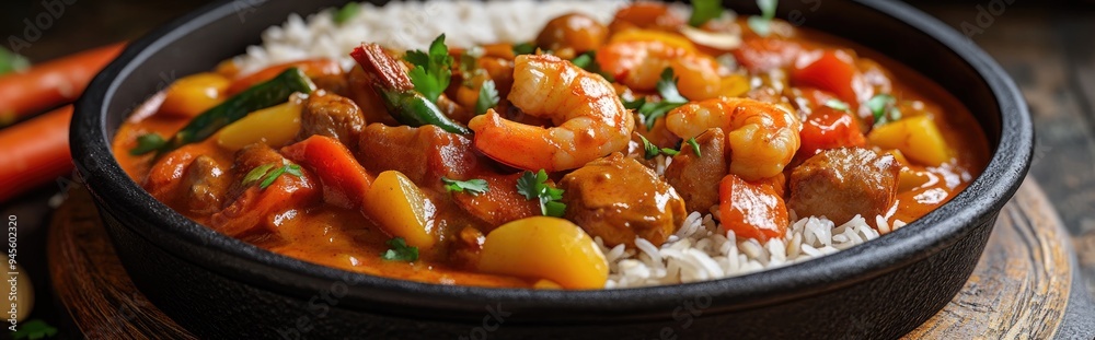 3D rendering of curry rice with pork vegetables and shrimp in a rich brown sauce 3D rendering of curry rice with pork vegetables and shrimp in a rich brown sauce