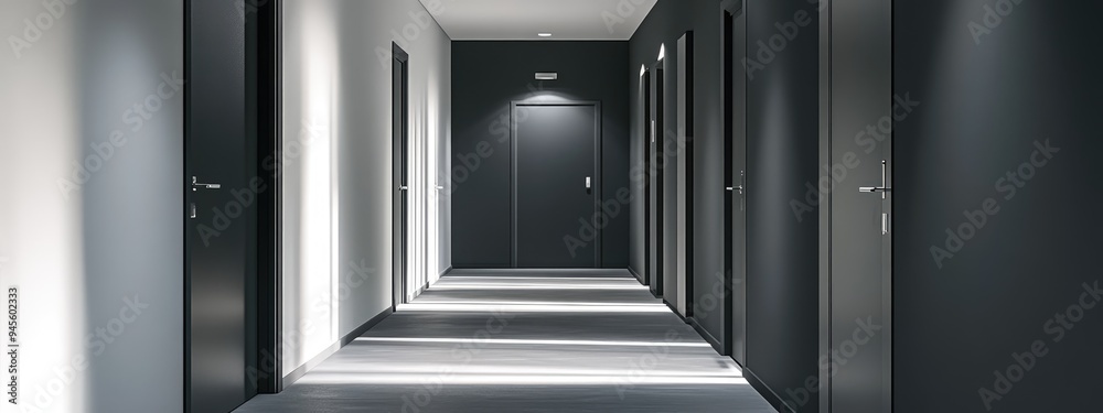 3D rendering of a modern apartment corridor featuring doors 3D rendering of a modern apartment corridor featuring doors